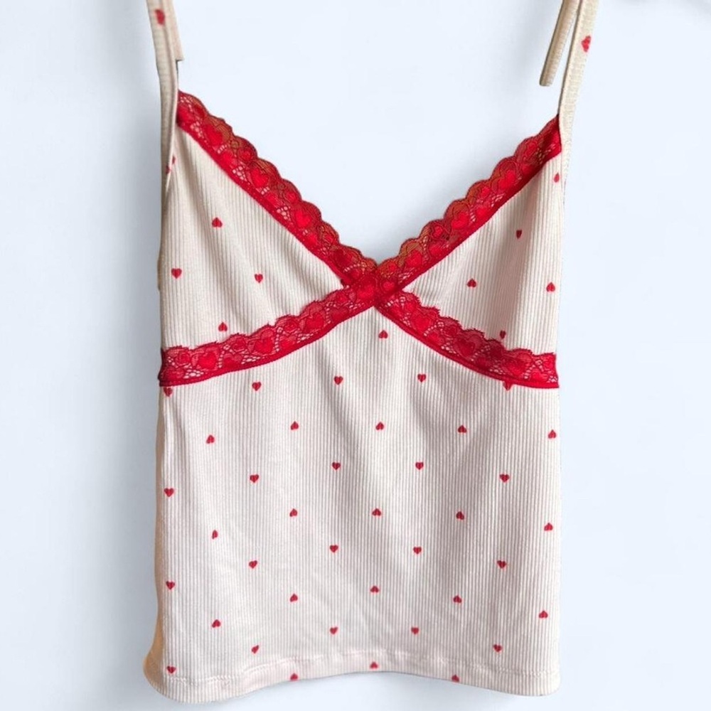 Weekend Edition Womens Pink Red Heart Print Lace Cami Tank Top Whimsy Twee